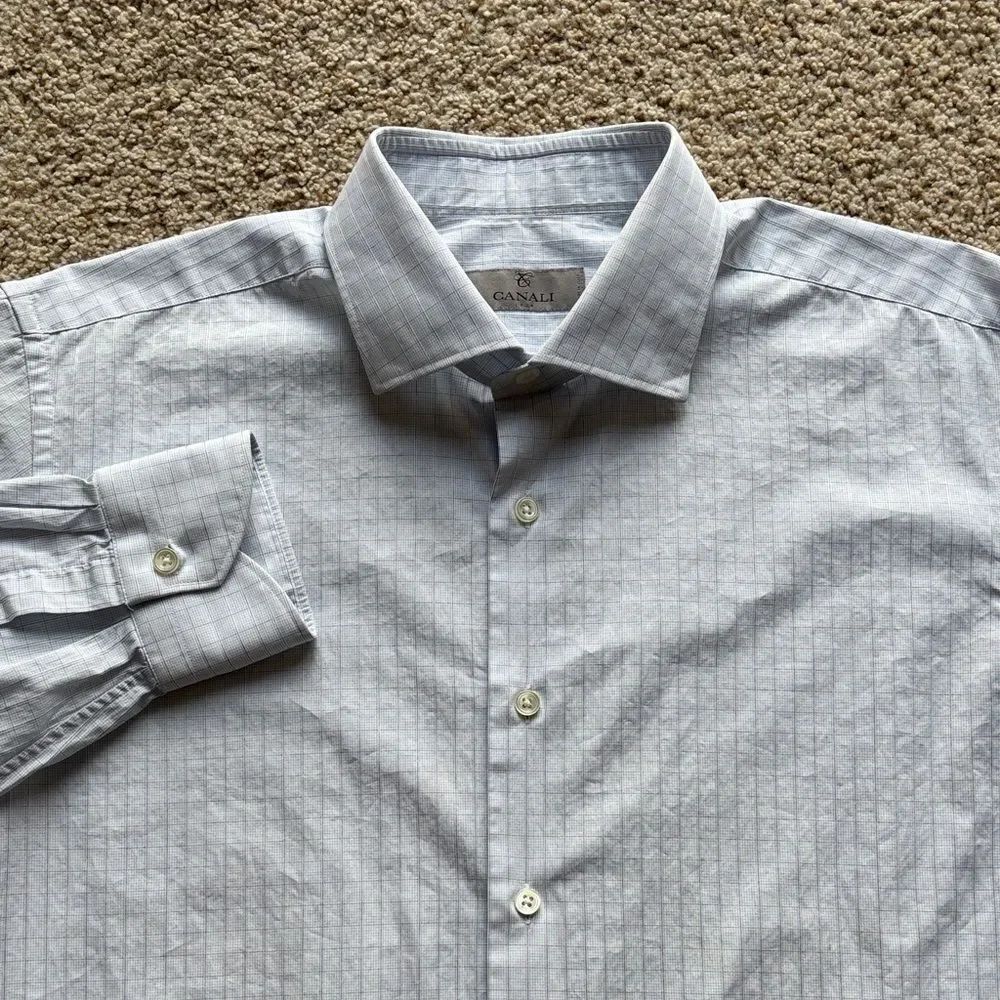 *Luxury* Canali 1934โMenโs Light Blue White Check Spread Collar Dress Shirt 16.5